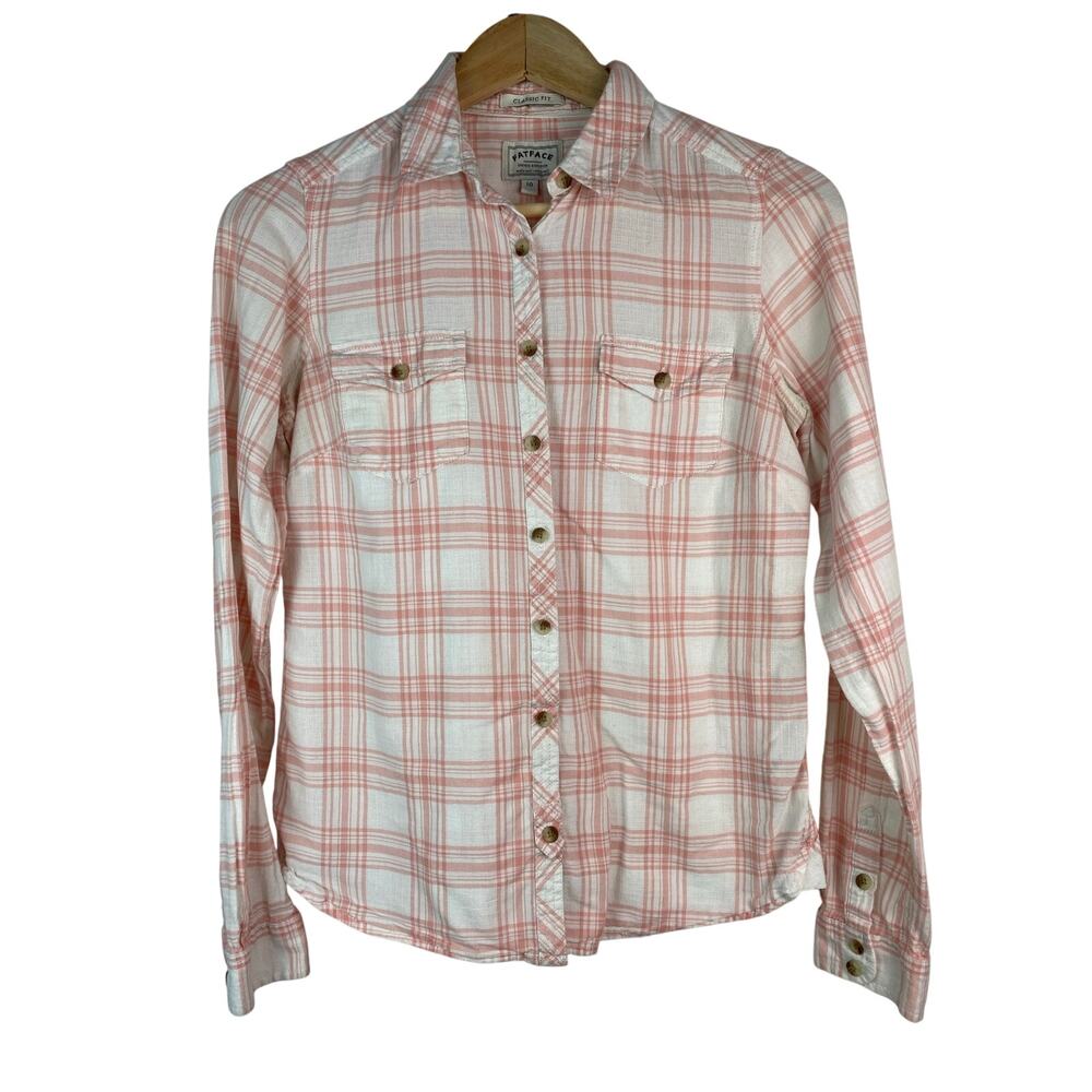 Fat Face Women's 10 Classic Fit White Pink Plaid Button‎ Up Shirt *